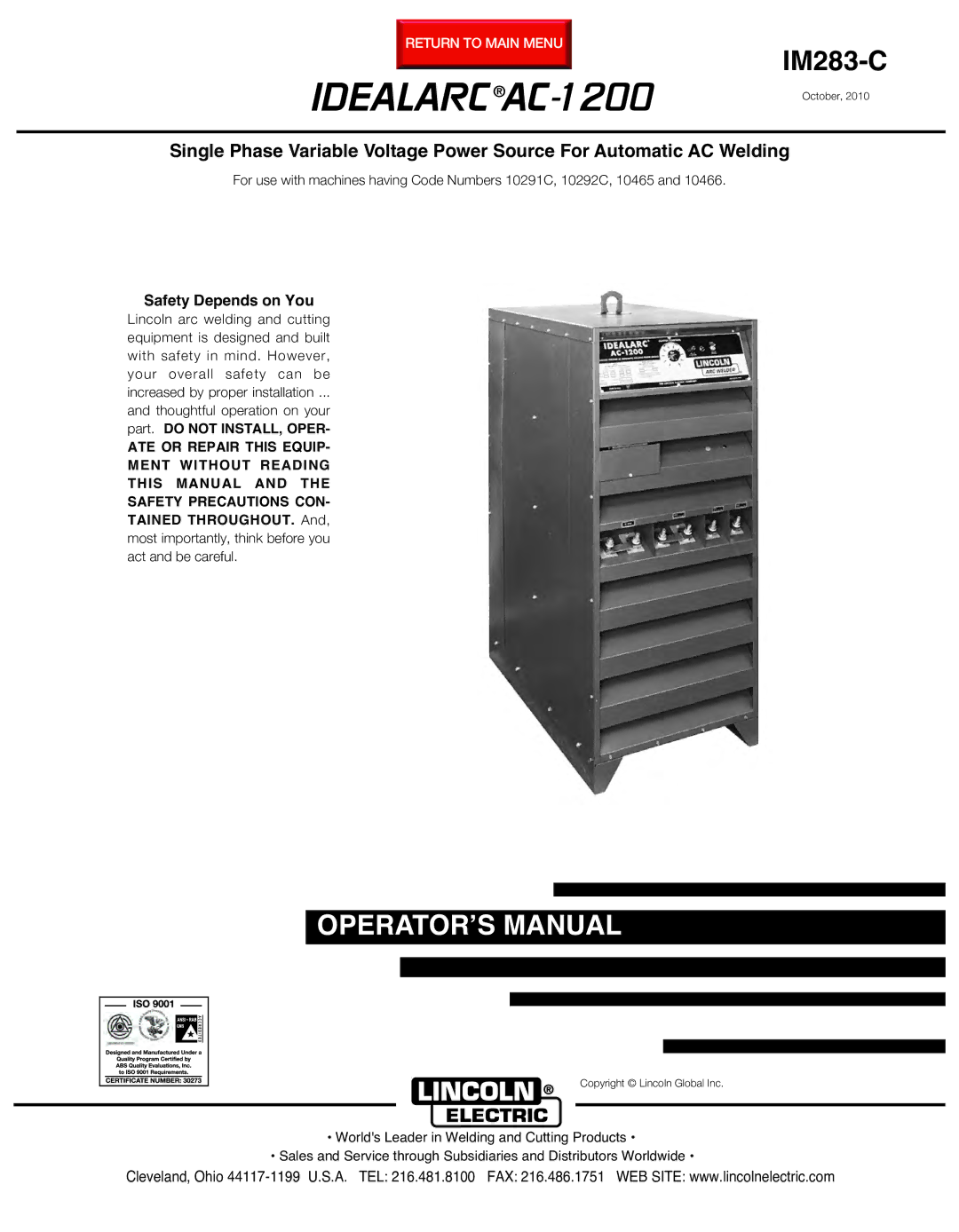 Lincoln Electric manual Idealarc AC-1200 