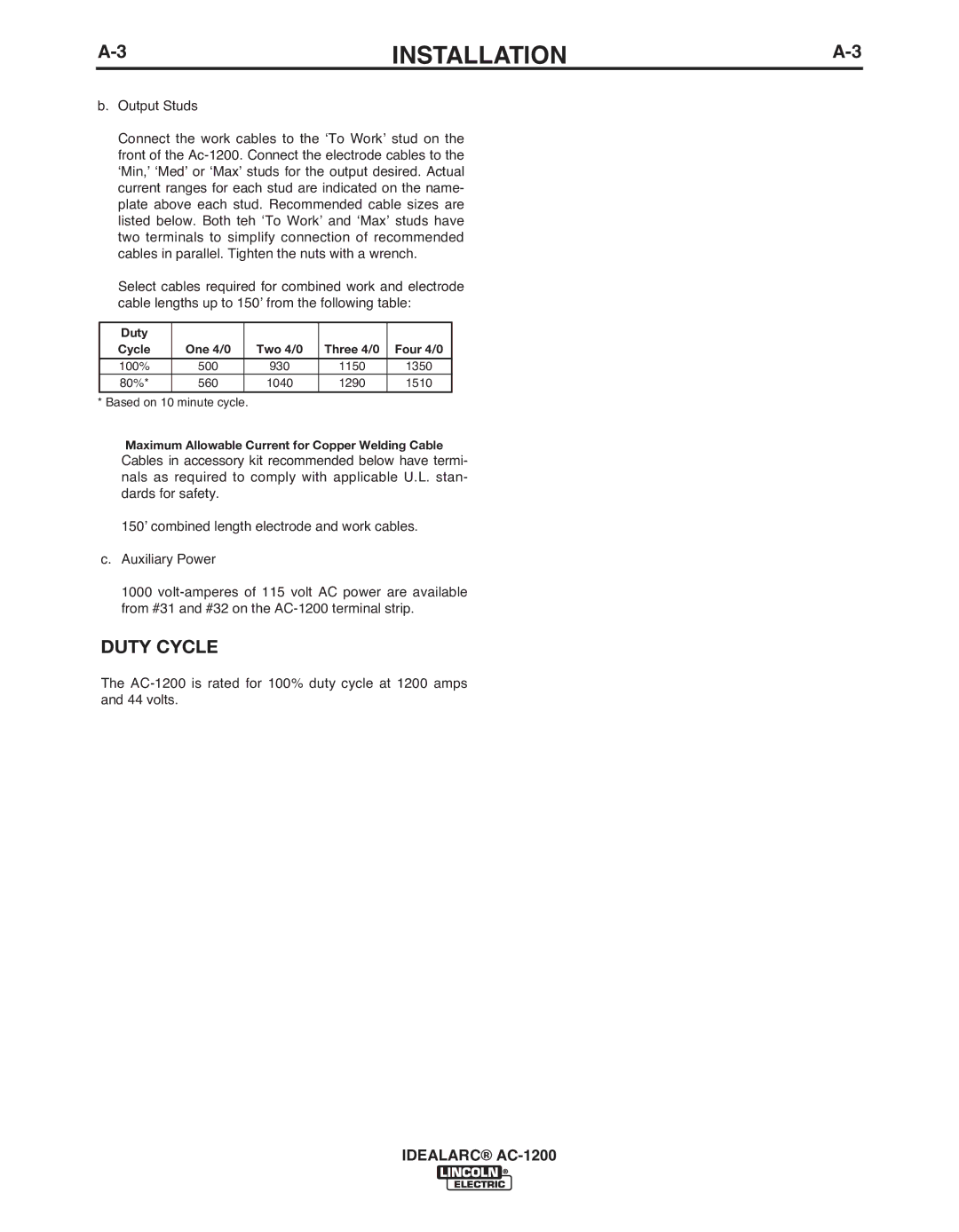 Lincoln Electric AC-1200 manual DuTy CyCLE 