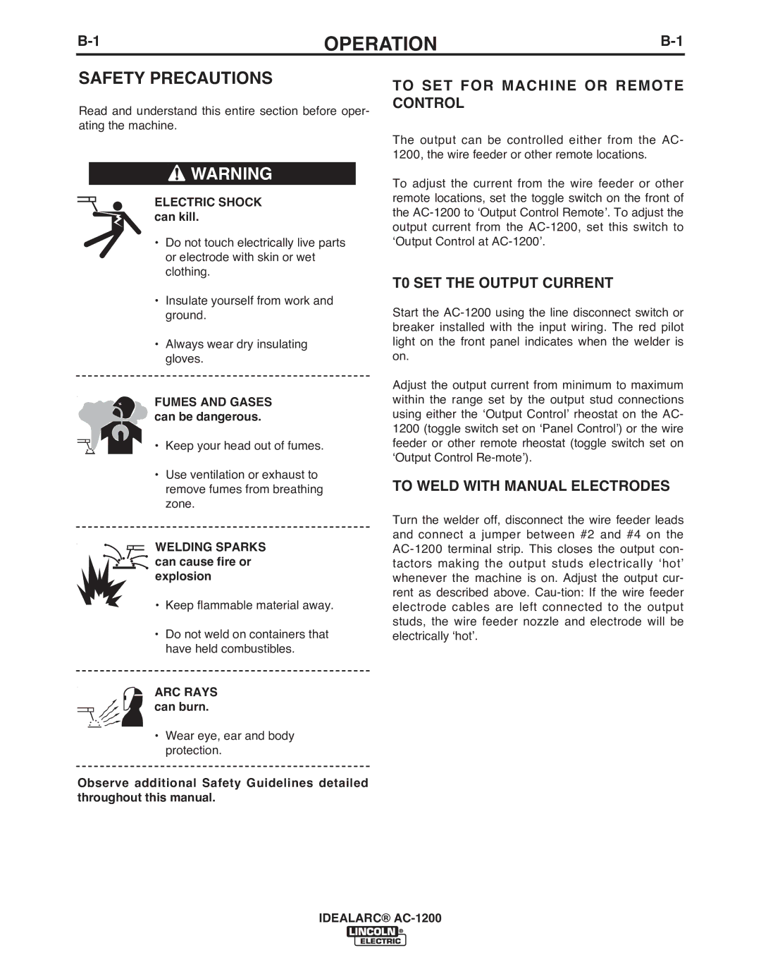 Lincoln Electric AC-1200 manual Operation, Safety Precautions 