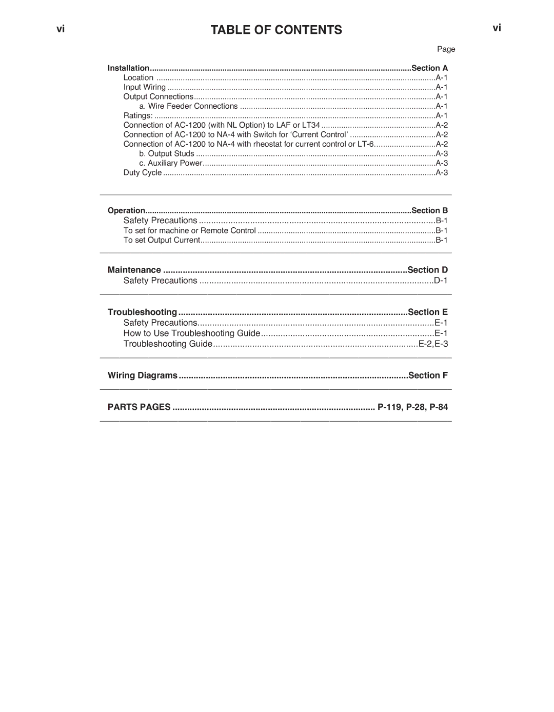 Lincoln Electric AC-1200 manual TAbLE of Contents 