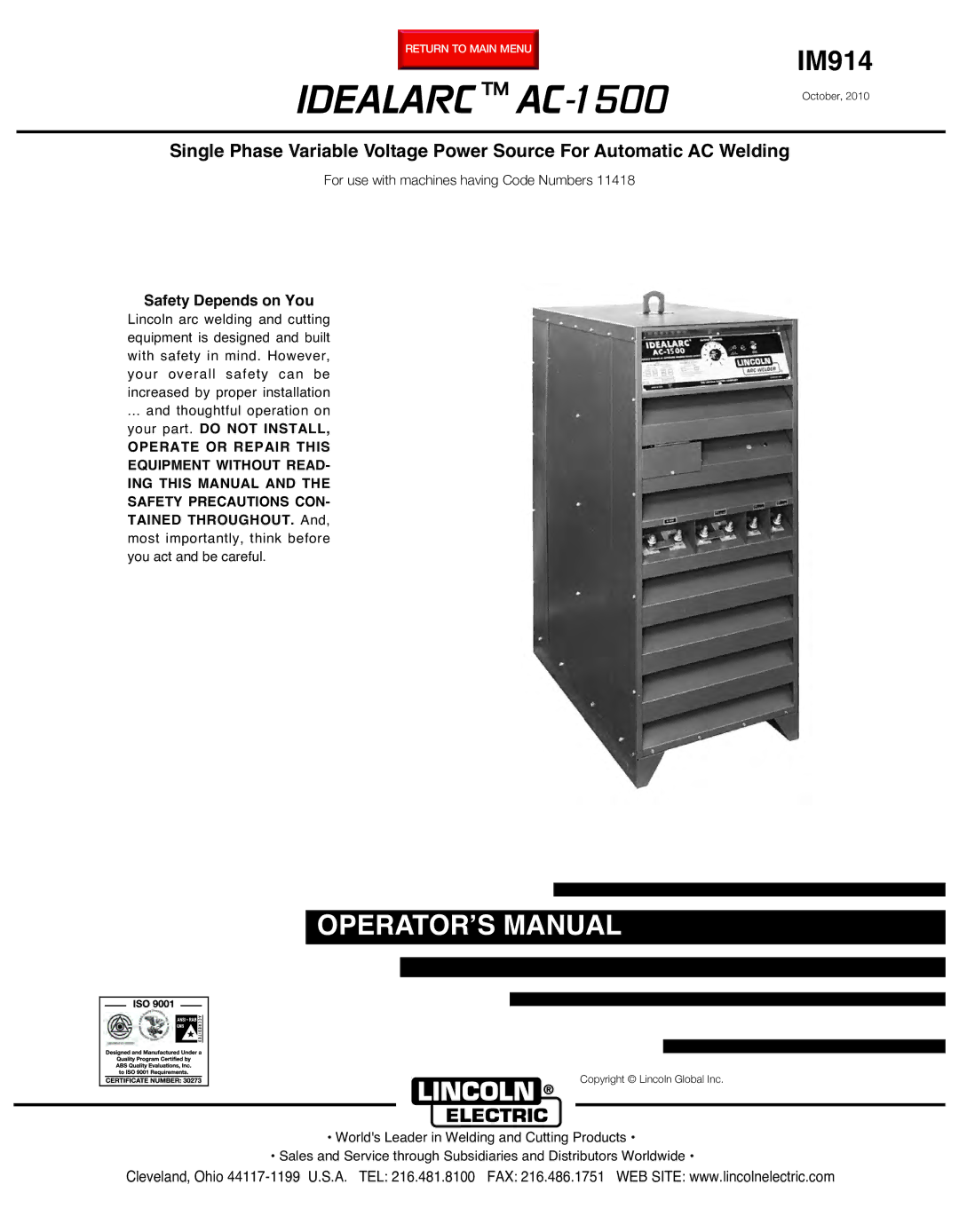 Lincoln Electric manual Idealarc AC-1500 