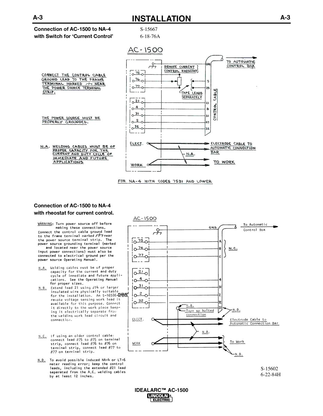 Lincoln Electric manual Connection of AC-1500 to NA-4 