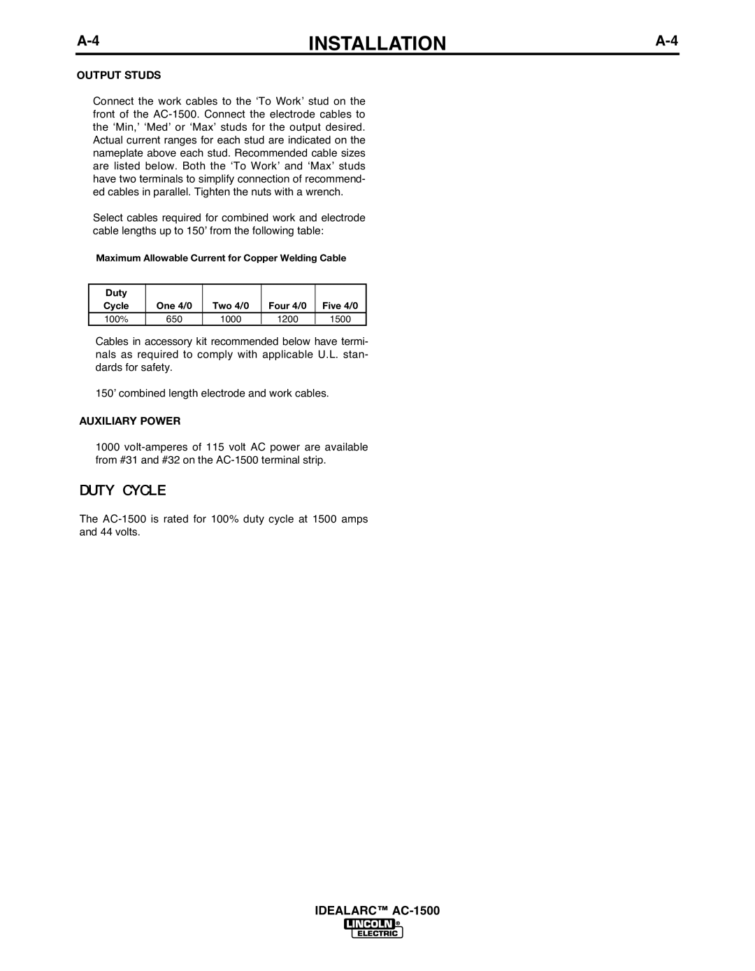 Lincoln Electric AC-1500 manual Duty CyCle 