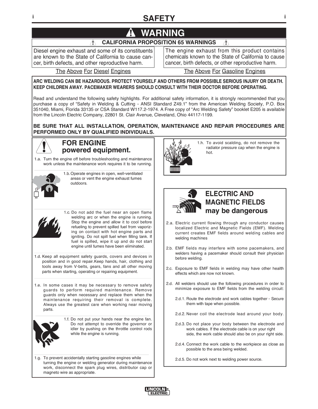 Lincoln Electric AC-1500 manual Safety, California Proposition 65 Warnings 