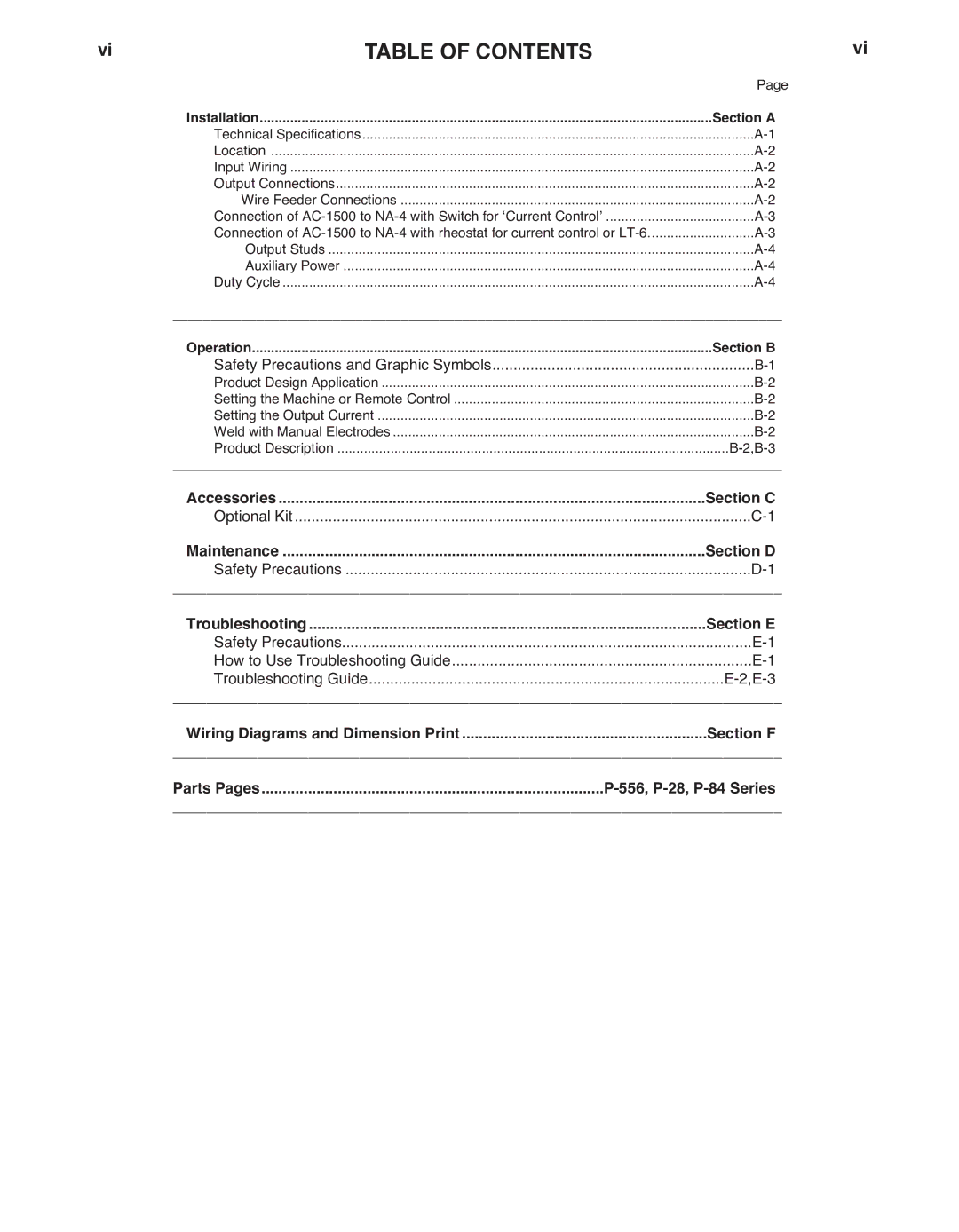 Lincoln Electric AC-1500 manual TAbLE of Contents 