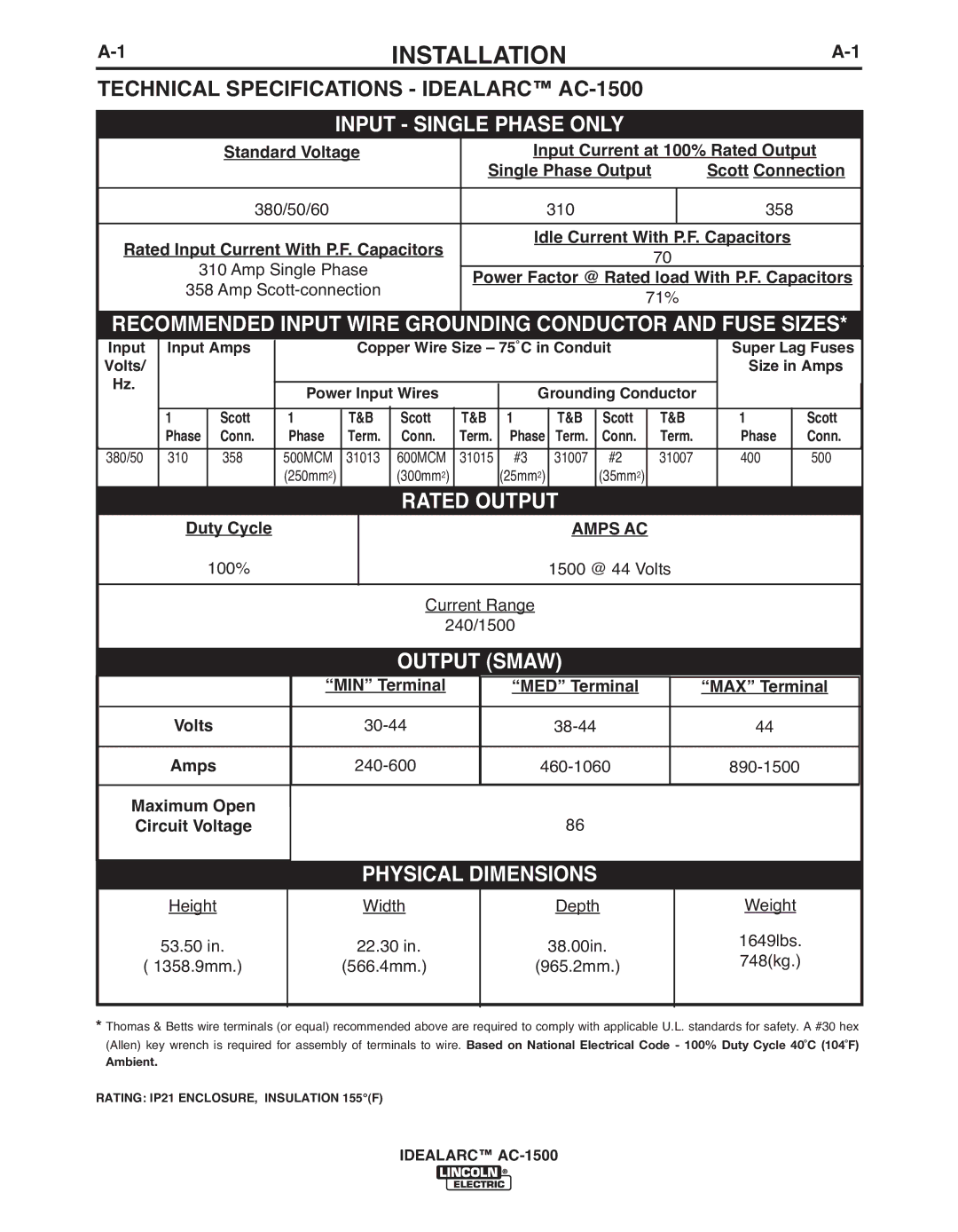 Lincoln Electric AC-1500 manual Installation, Input Single Phase only 