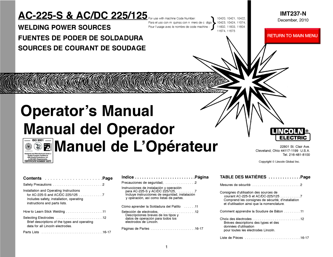 Lincoln Electric AC-225-S operating instructions Operatorʼs Manual Manual del Operador Manuel de LʼOpérateur 