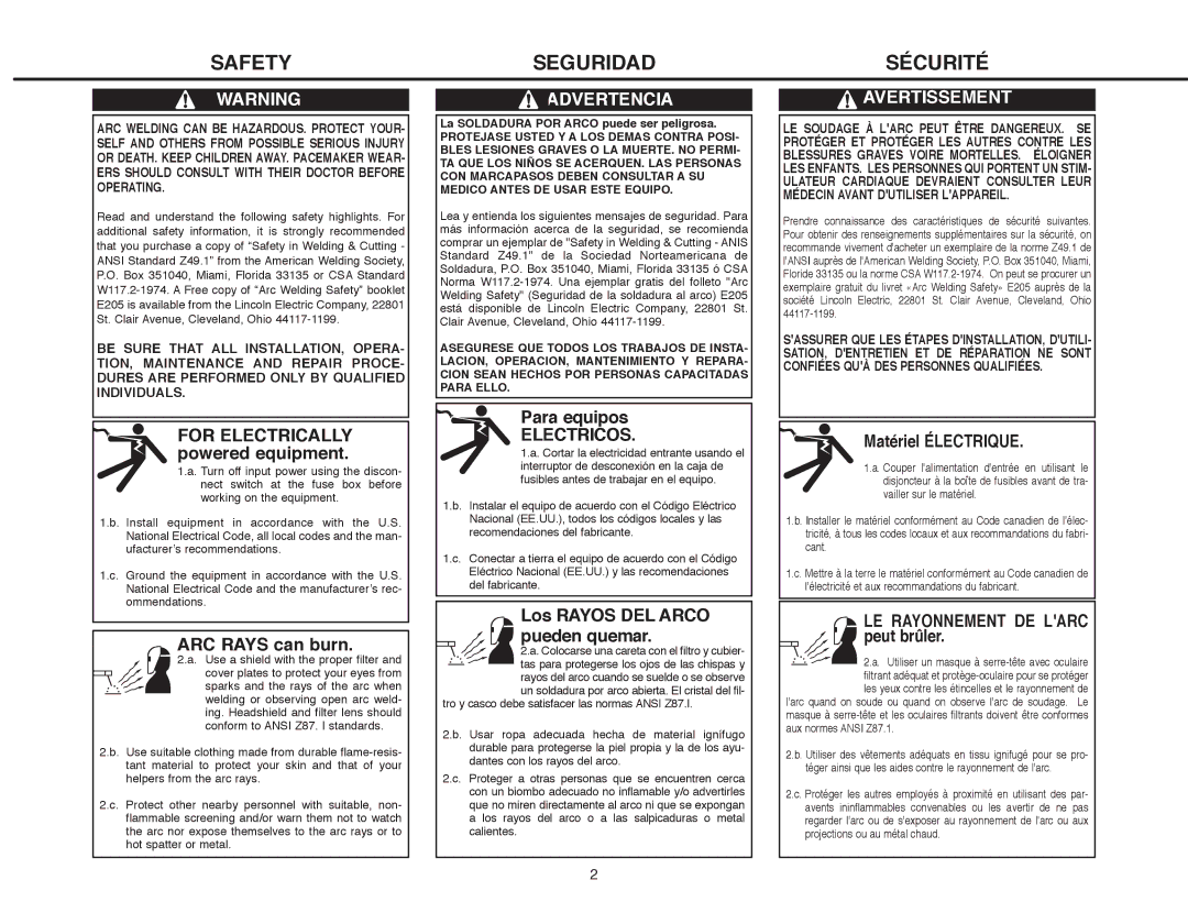 Lincoln Electric AC-225-S For Electrically powered equipment, ARC Rays can burn, Para equipos, Matériel Électrique 