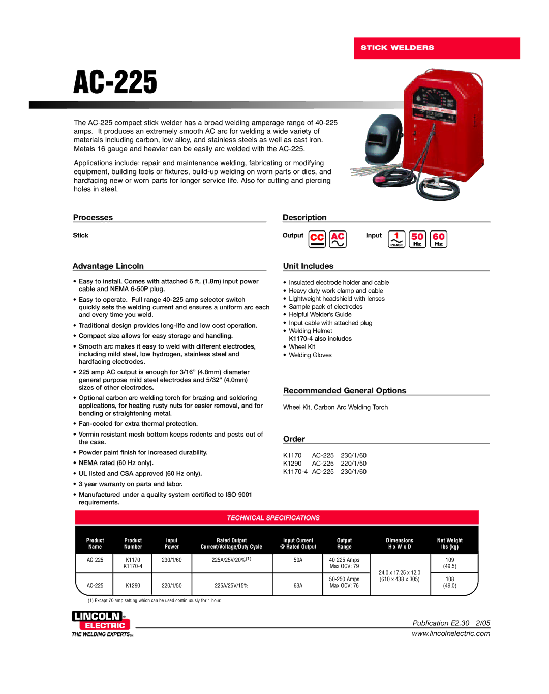 Lincoln Electric AC-225 technical specifications Processes, Advantage Lincoln, Description, Unit Includes, Order 