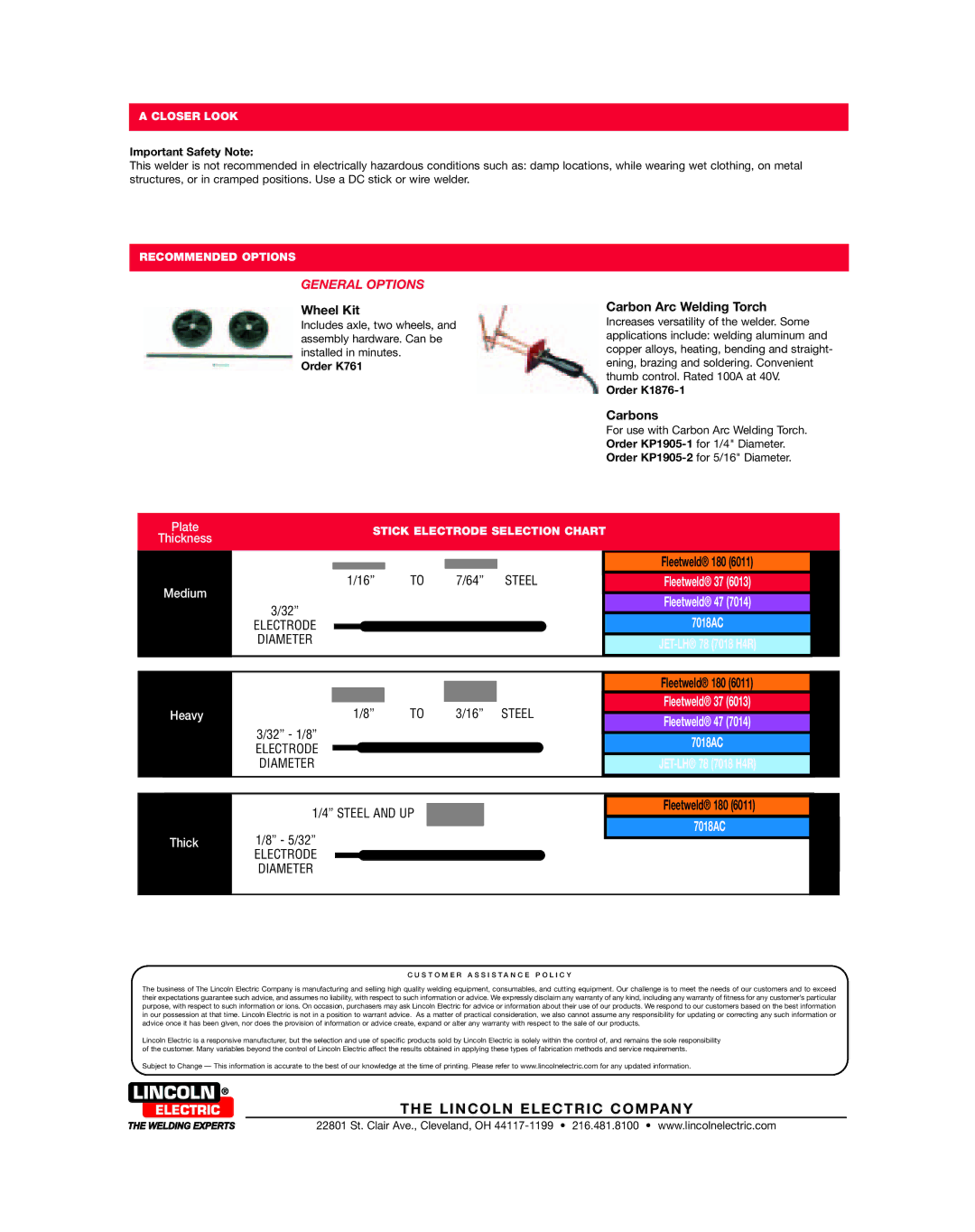 Lincoln Electric AC-225 technical specifications Fleetweld 180, Wheel Kit, Carbon Arc Welding Torch, Carbons 