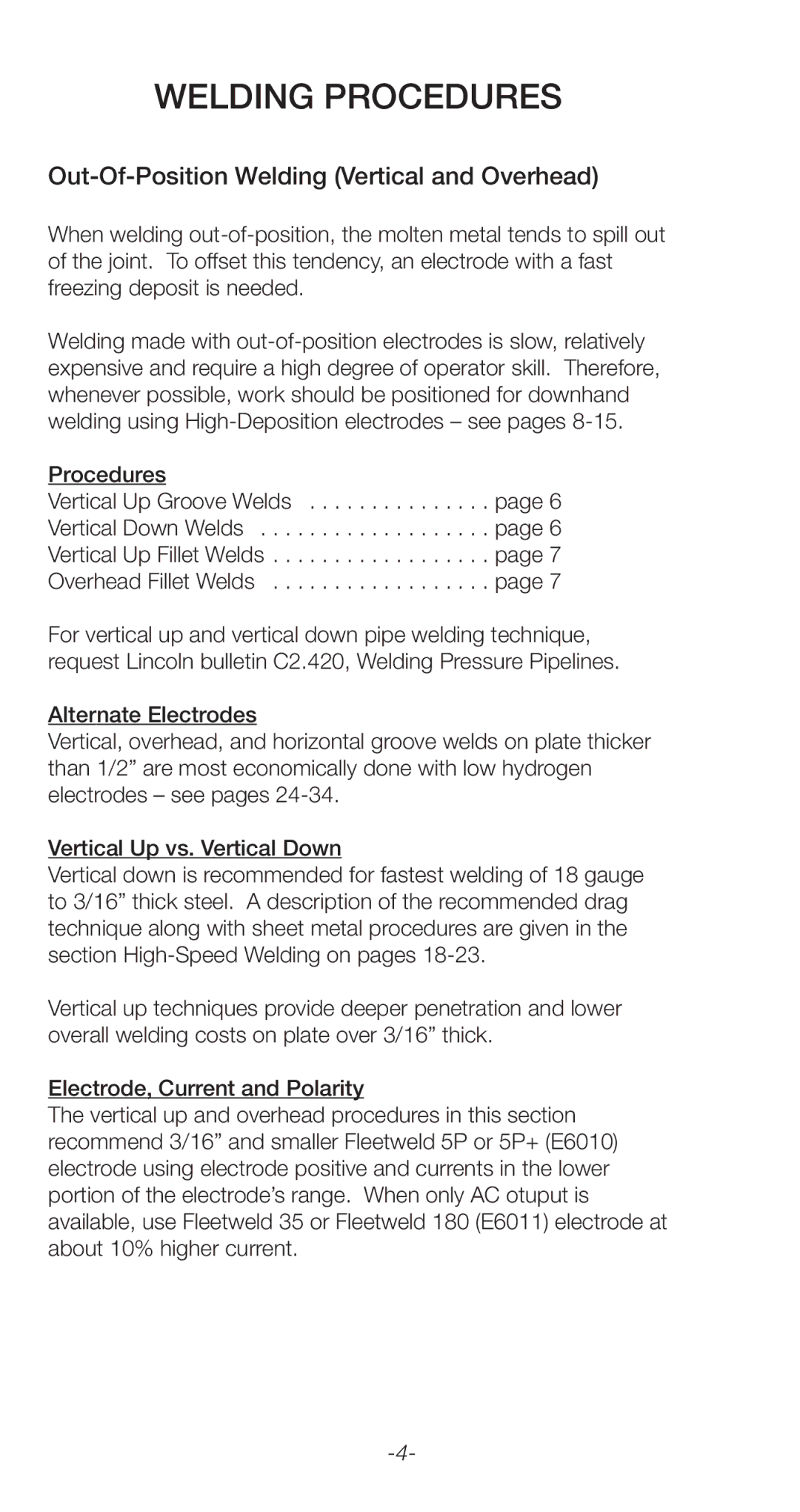 Lincoln Electric C2.410 manual Welding Procedures, Out-Of-Position Welding Vertical and Overhead 