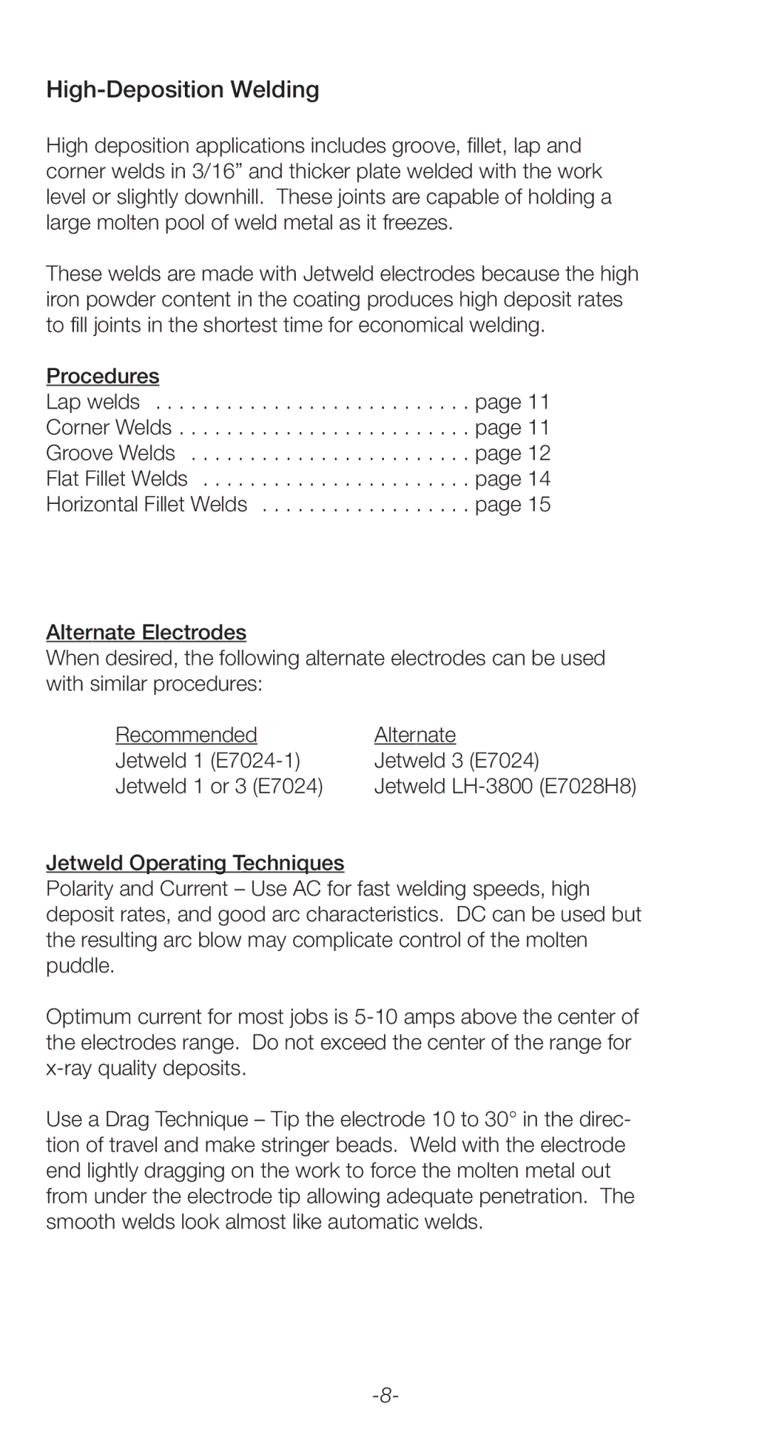 Lincoln Electric C2.410 manual High-Deposition Welding, Jetweld LH-3800 E7028H8 