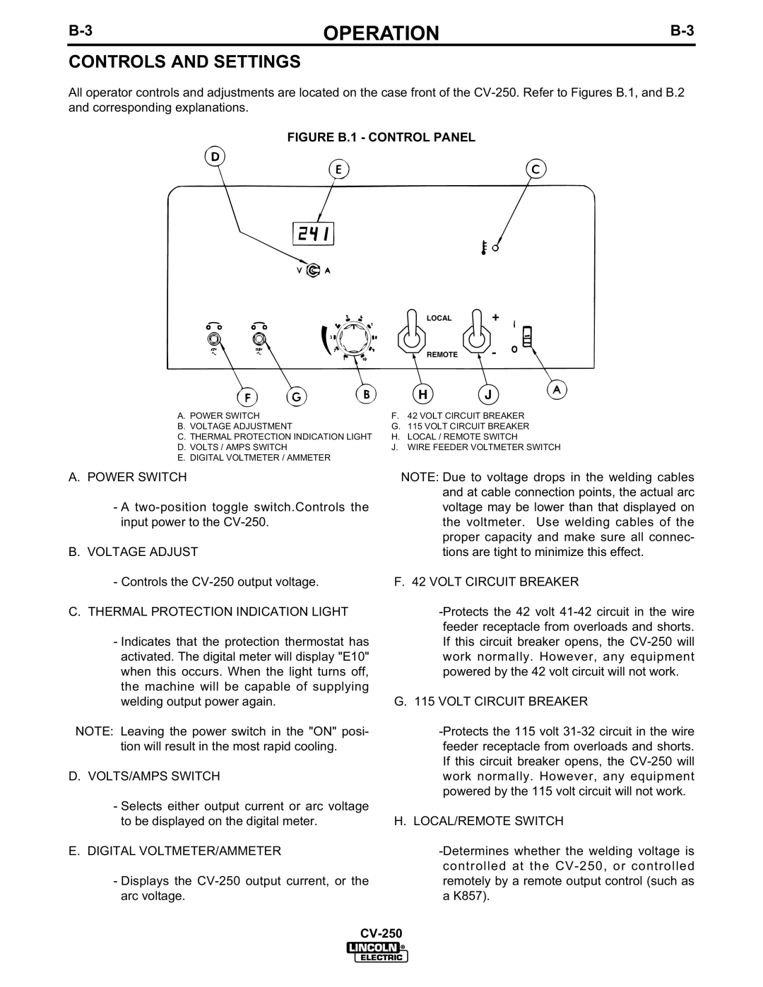 Lincoln Electric CV-250 manual Controls and Settings, Thermal Protection Indication Light 