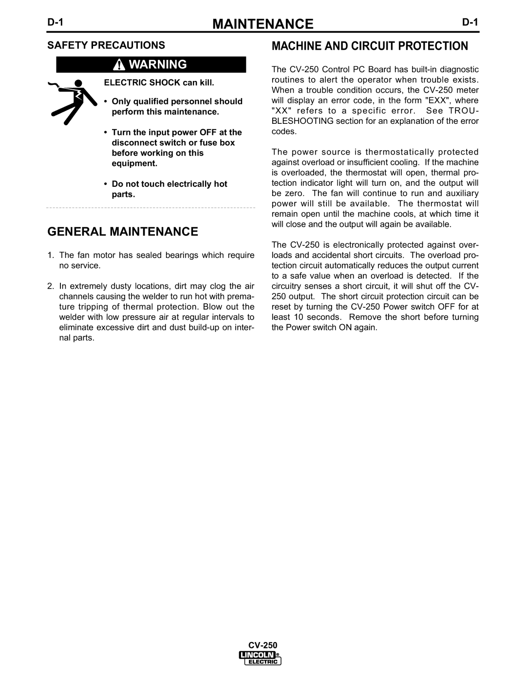 Lincoln Electric CV-250 manual General Maintenance, Machine and Circuit Protection, Safety Precautions 