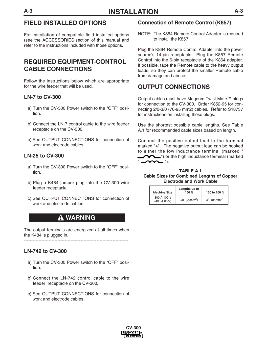 Lincoln Electric CV-300 manual Field Installed Options, Output Connections 