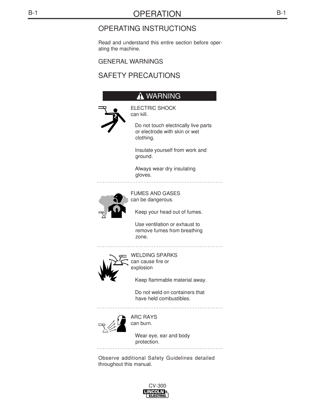 Lincoln Electric CV-300 manual Operation, Operating Instructions, General Warnings 
