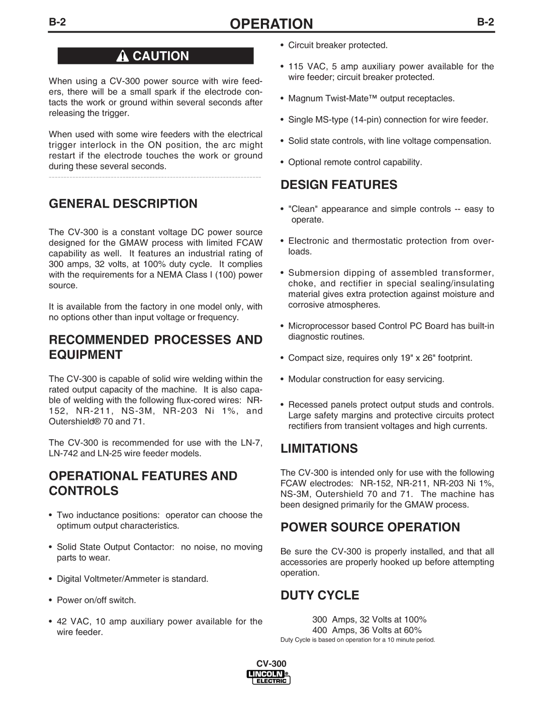 Lincoln Electric CV-300 manual General Description, Recommended Processes and Equipment, Operational Features and Controls 