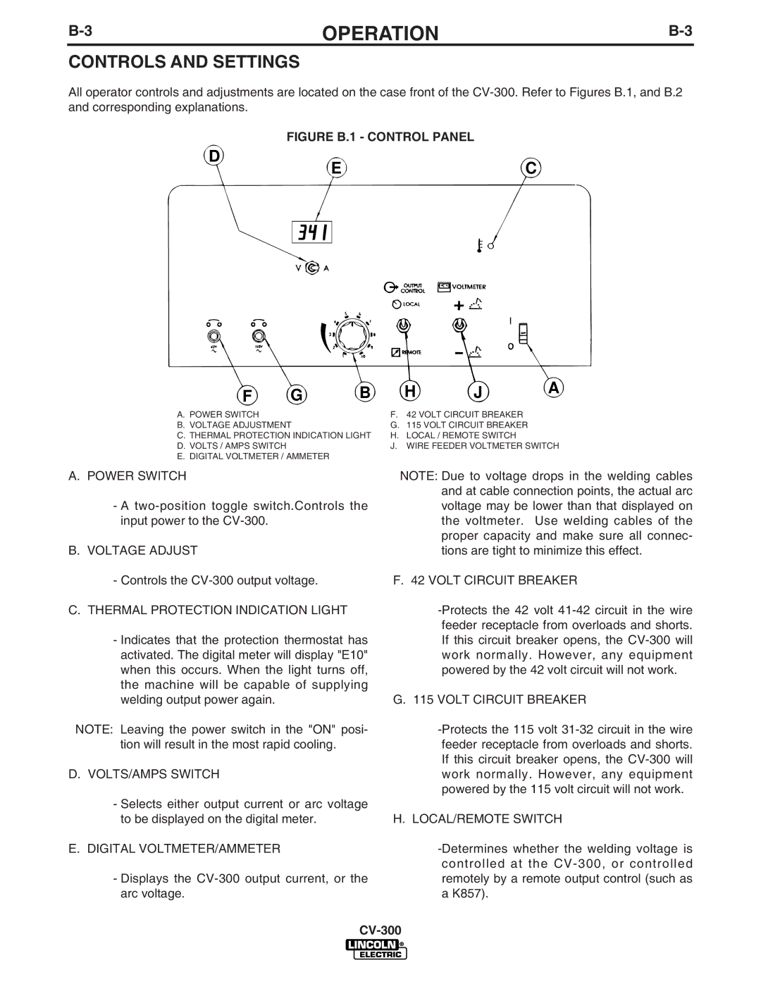 Lincoln Electric CV-300 manual Controls and Settings, Thermal Protection Indication Light 