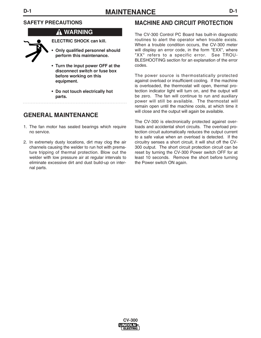 Lincoln Electric CV-300 manual General Maintenance, Machine and Circuit Protection, Safety Precautions 