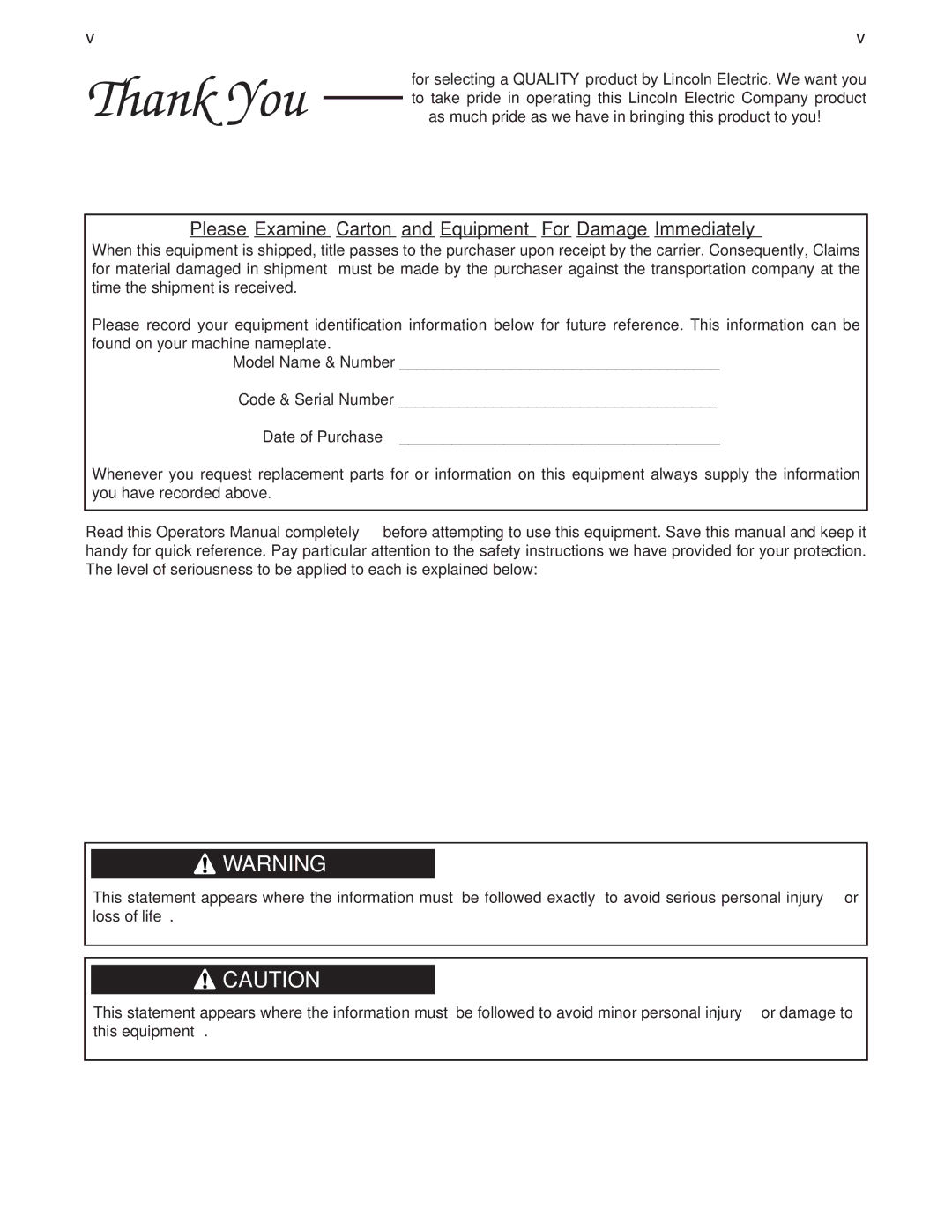 Lincoln Electric CV-300 manual Thank You 