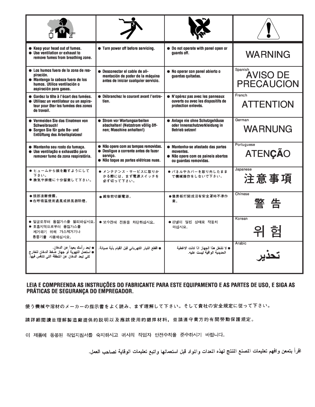 Lincoln Electric CV-300 manual Warnung, Atenção, Precaucion, Aviso De, Keep your head out of fumes 