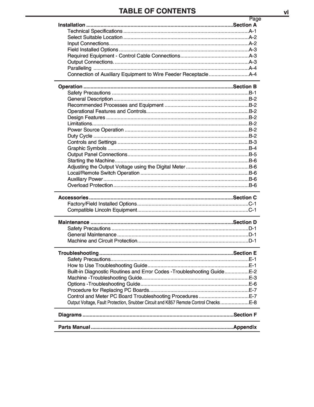 Lincoln Electric CV-300 Table Of Contents, Section A, Section B, Section C, Section D, Section E, Section F, Appendix 