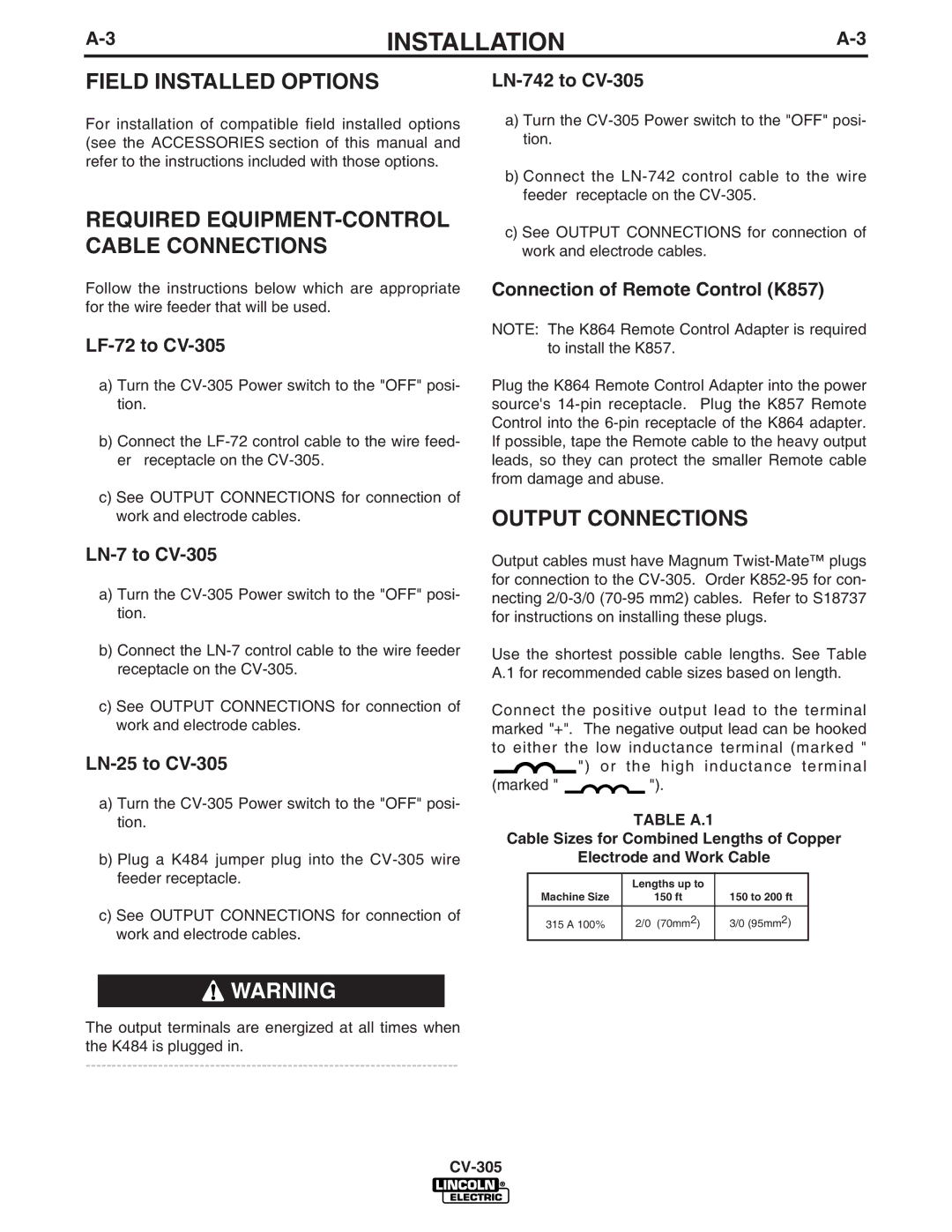 Lincoln Electric CV-305 manual Output Connections, Field Installed Options 