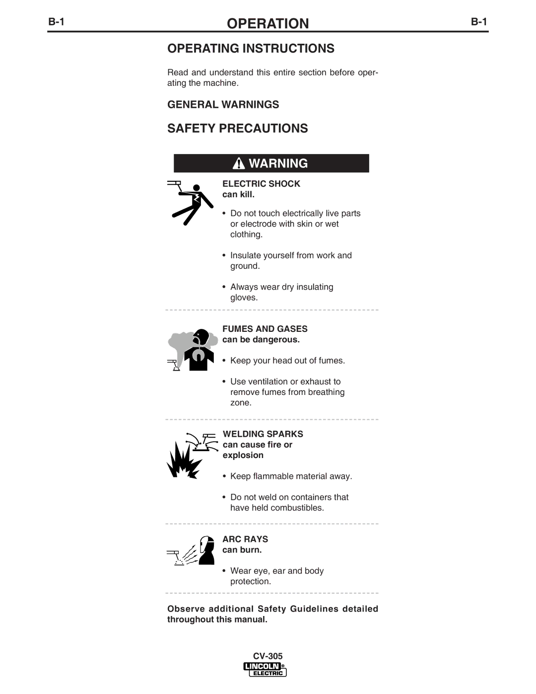 Lincoln Electric CV-305 manual Operation, Operating Instructions, General Warnings 