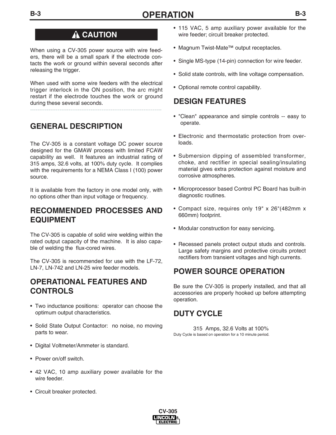 Lincoln Electric CV-305 manual General Description, Recommended Processes and Equipment, Operational Features and Controls 