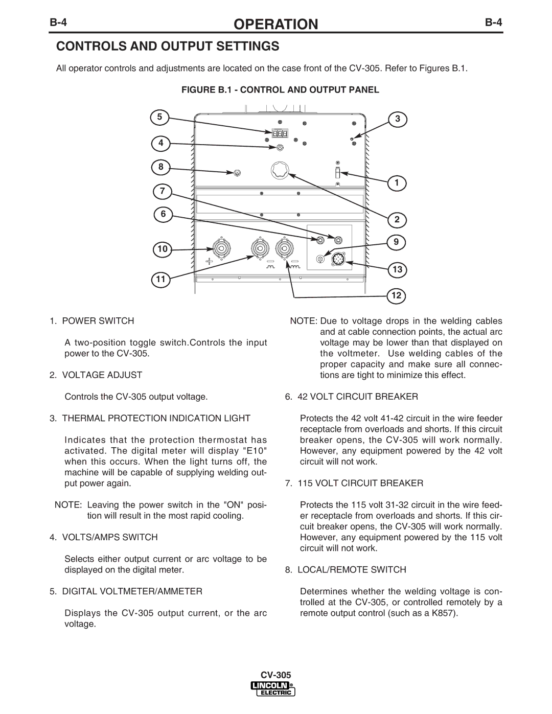 Lincoln Electric CV-305 manual Controls and Output Settings, Thermal Protection Indication Light 