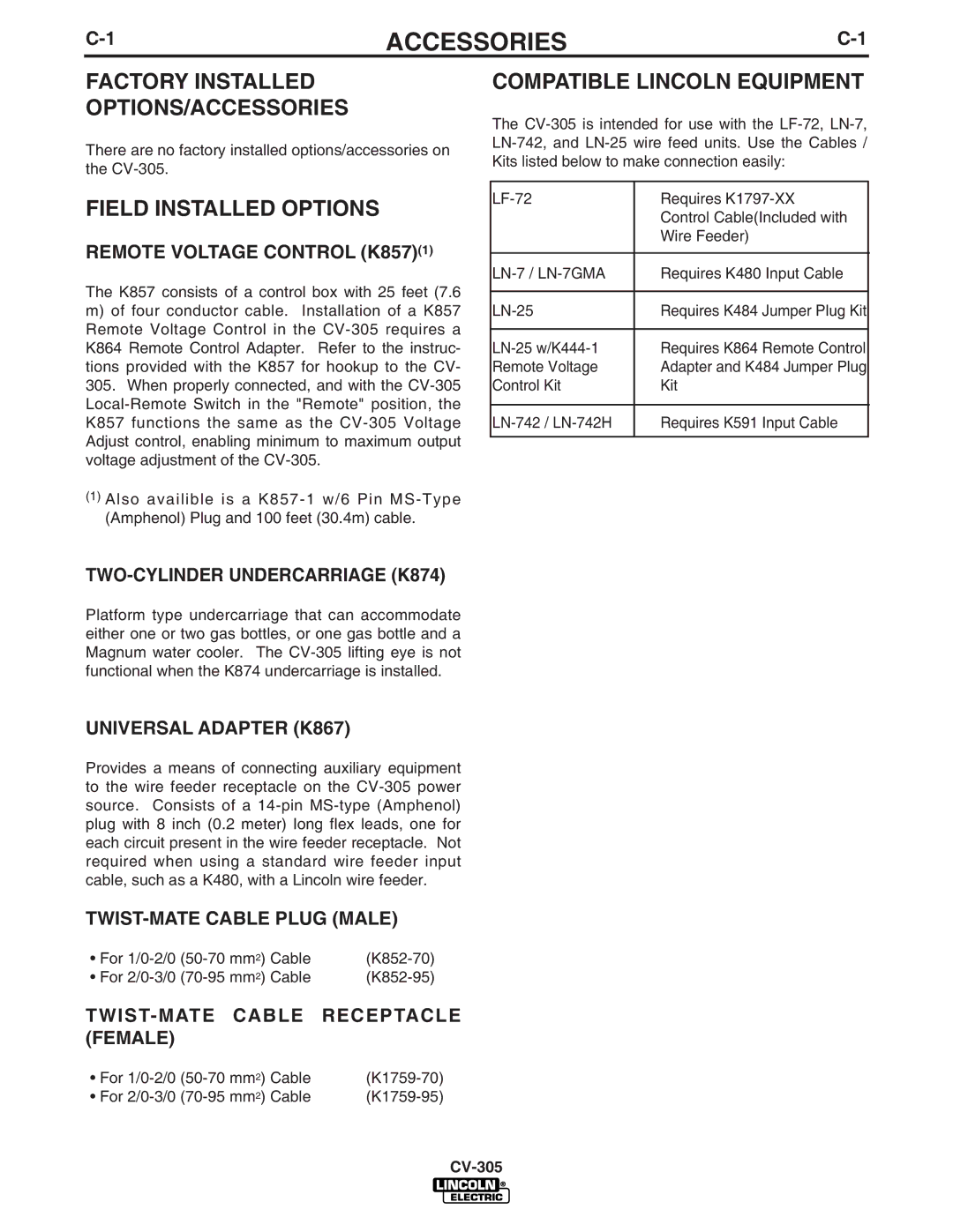 Lincoln Electric CV-305 manual Accessories, Factory Installed OPTIONS/ACCESSORIES, Field Installed Options 