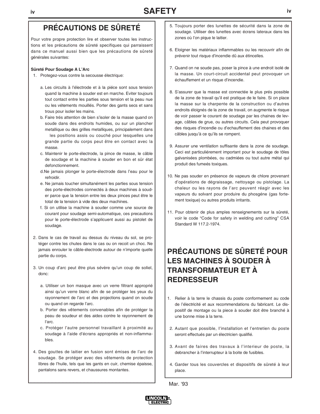 Lincoln Electric CV-305 manual Précautions DE Sûreté, Sûreté Pour Soudage a L’Arc 