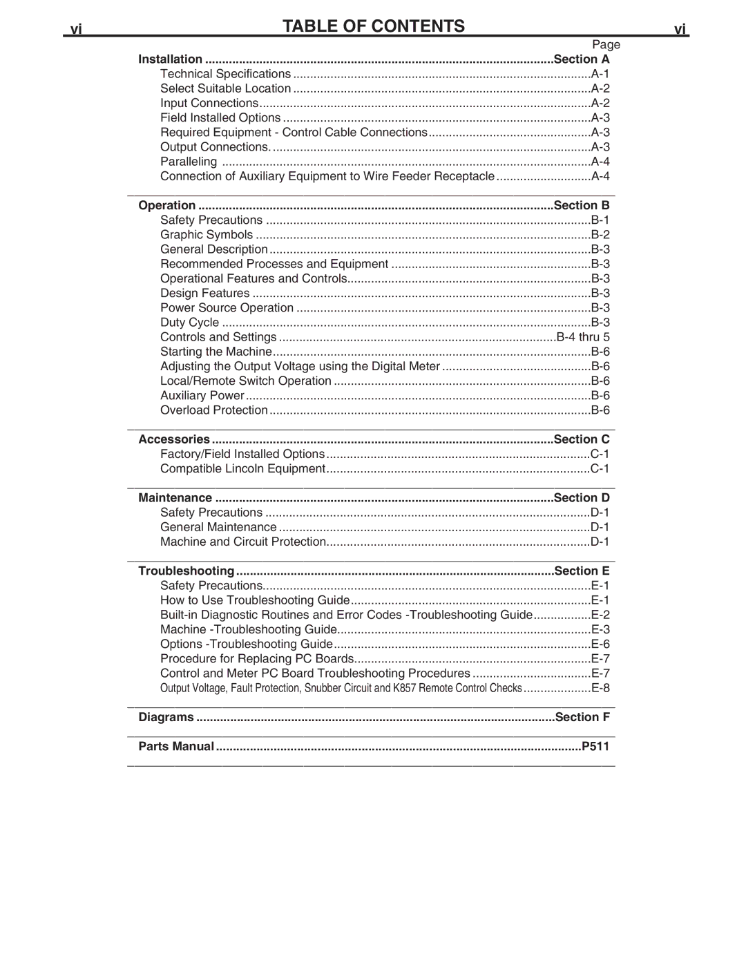 Lincoln Electric CV-305 manual Table of Contents 