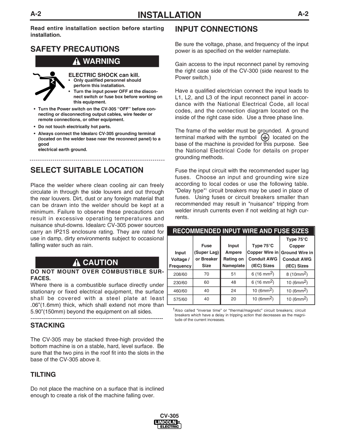 Lincoln Electric CV-305 manual Safety Precautions, Input Connections, Select Suitable Location, Stacking, Tilting 