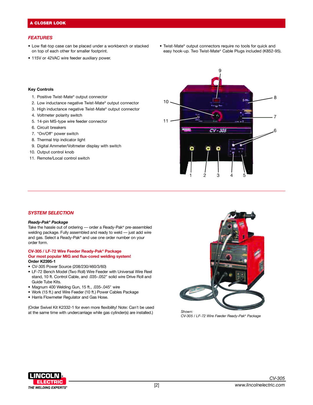 Lincoln Electric CV-305 warranty Features, System Selection, Key Controls, Order K2395-1 