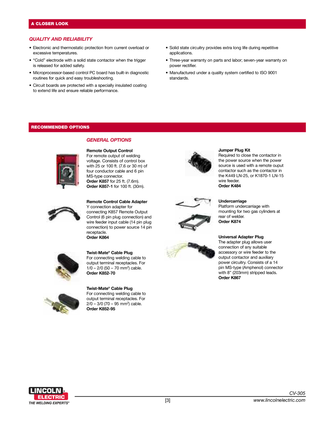 Lincoln Electric CV-305 warranty Quality and Reliability, General Options 