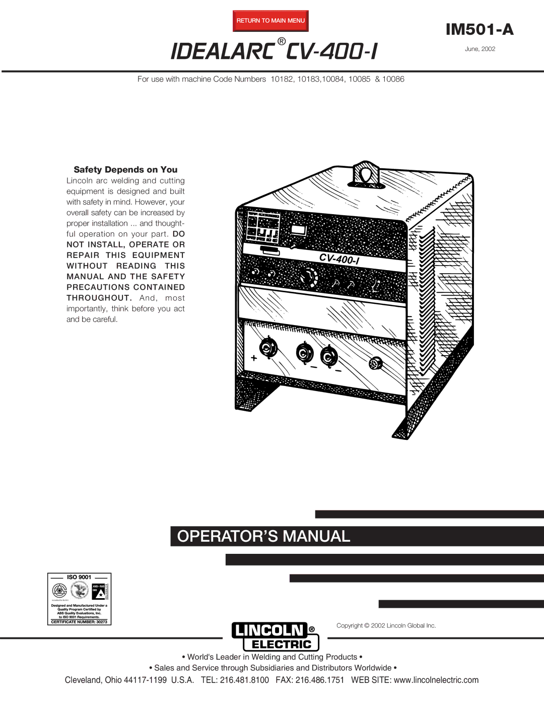 Lincoln Electric manual Idealarc CV-400-I 