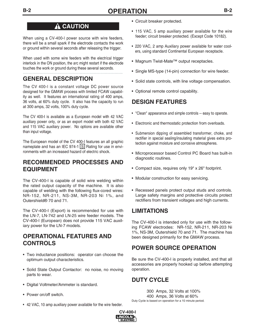 Lincoln Electric CV-400-I General Description, Recommended Processes and Equipment, Operational Features and Controls 