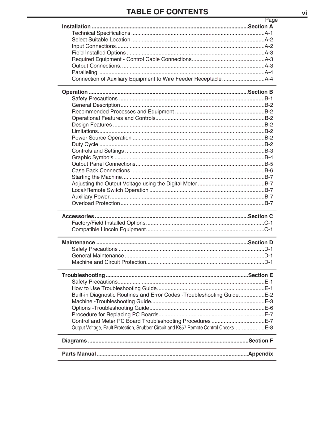 Lincoln Electric CV-400-I manual Table of Contents 