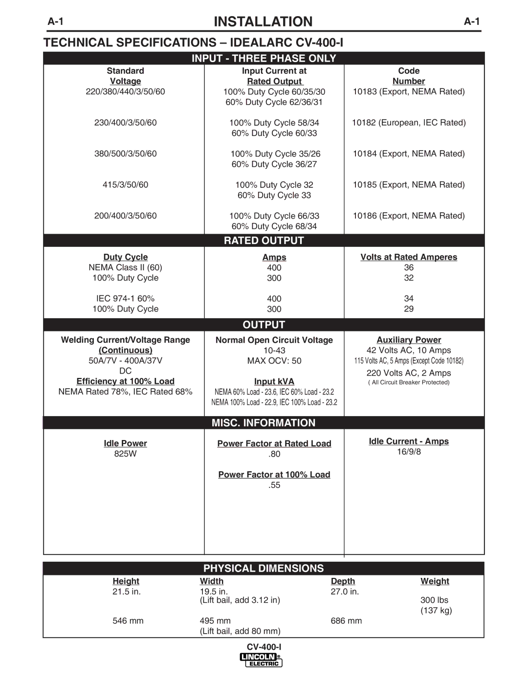 Lincoln Electric manual Installation, Technical Specifications Idealarc CV-400-I 