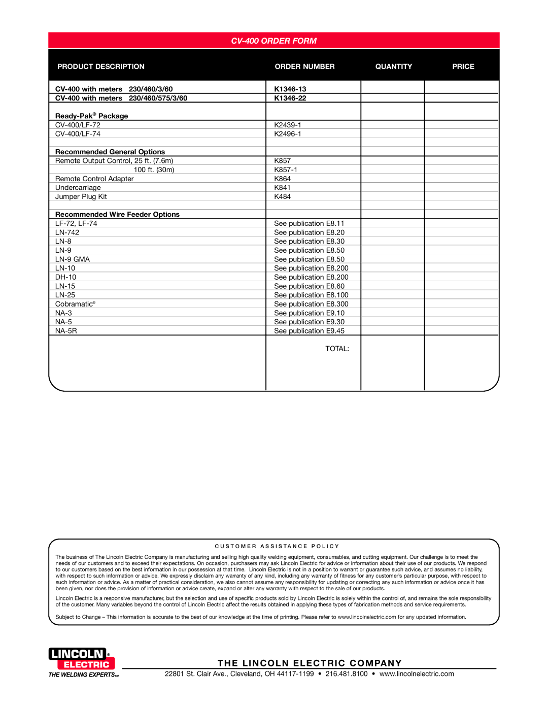 Lincoln Electric CV-400 warranty Recommended General Options, Recommended Wire Feeder Options 