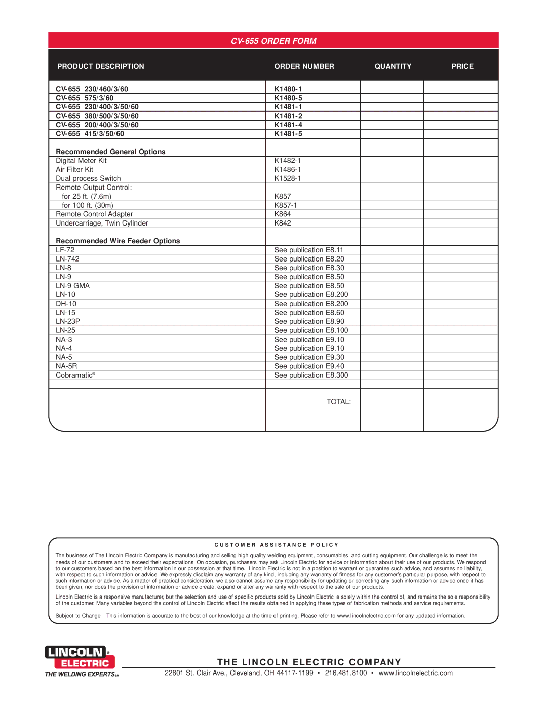 Lincoln Electric warranty CV-655 Order Form, Recommended Wire Feeder Options 