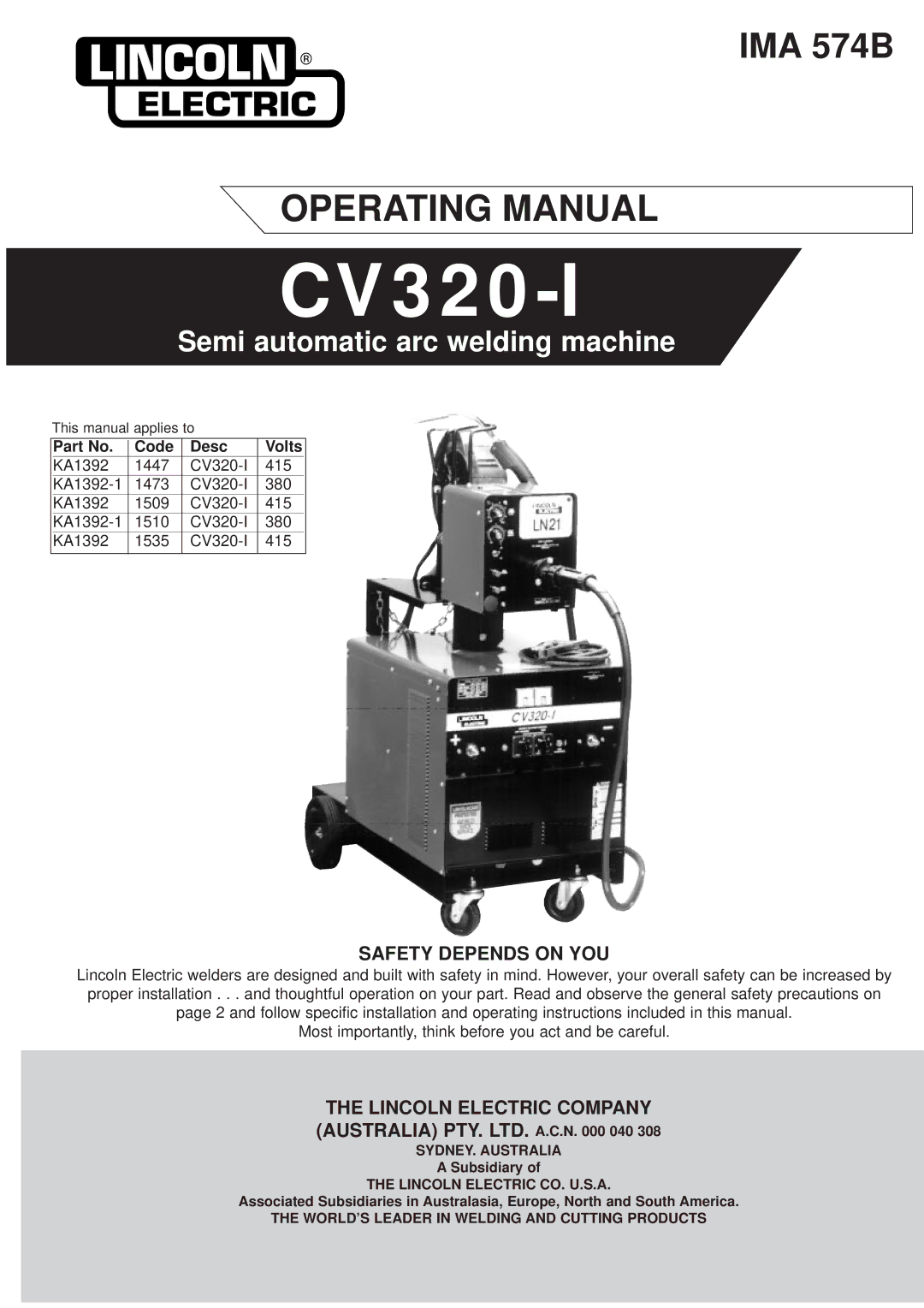 Lincoln Electric CV320-I operating instructions Subsidiary 