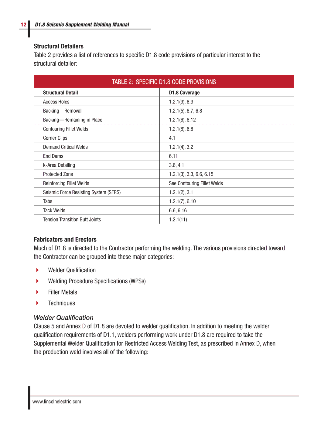 Lincoln Electric D1.8 manual Structural Detailers, Fabricators and Erectors, Welder Qualification 