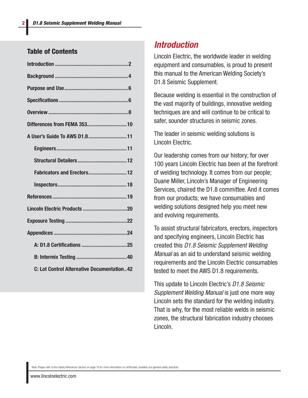 Lincoln Electric D1.8 manual Introduction, Table of Contents 