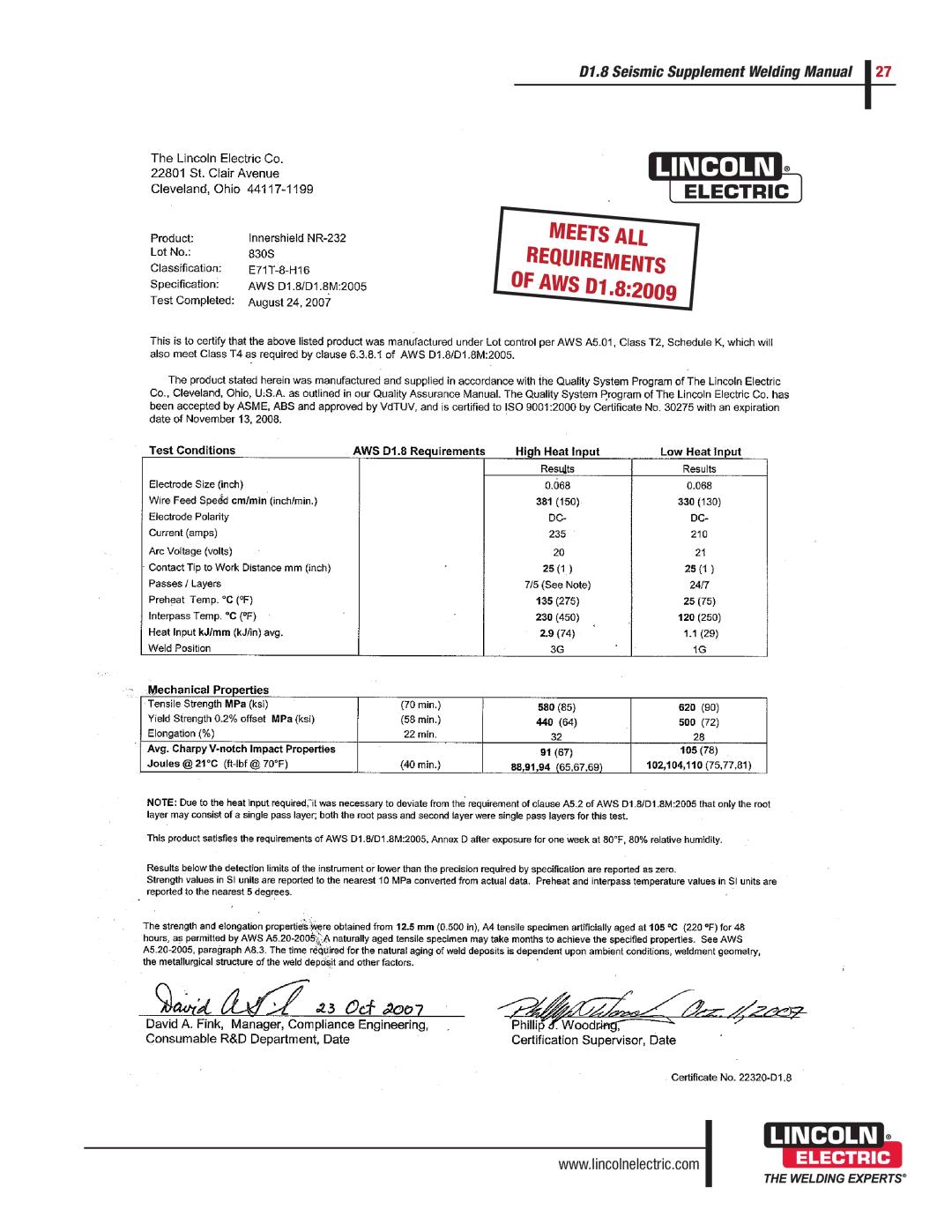 Lincoln Electric manual Meets ALL Requirements of AWS D1.82009 