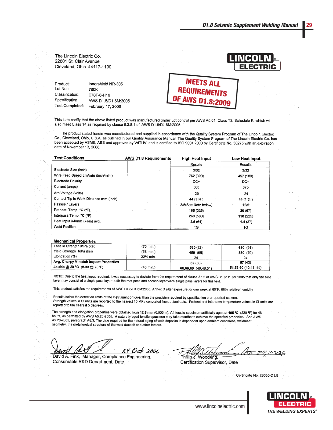 Lincoln Electric manual Meets ALL Requirements of AWS D1.82009 