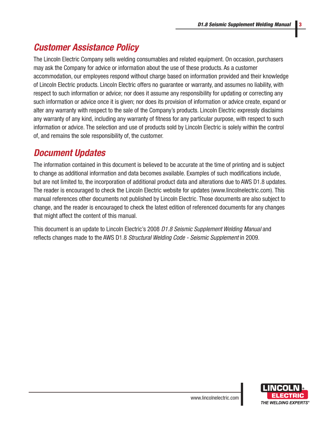 Lincoln Electric D1.8 manual Customer Assistance Policy, Document Updates 