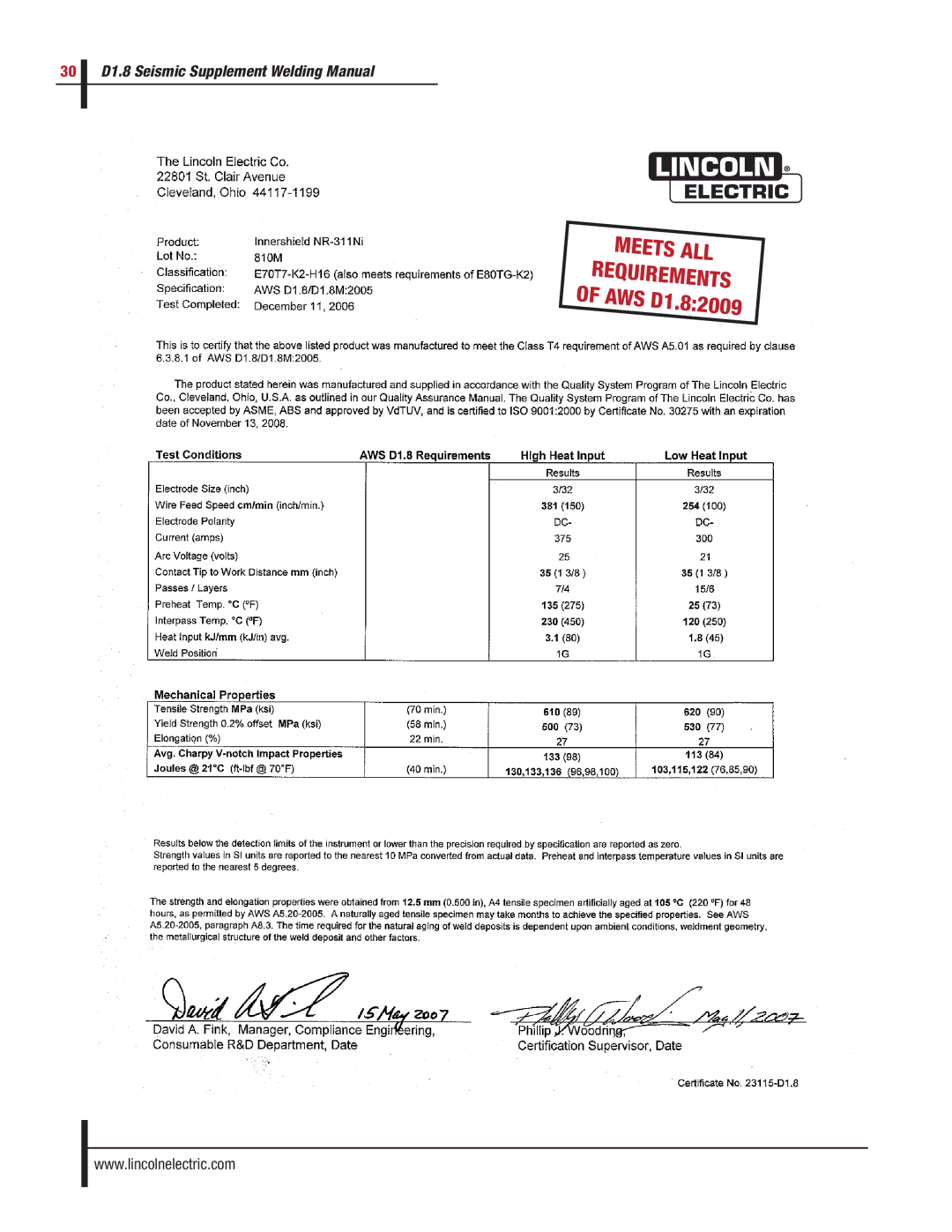 Lincoln Electric manual Meets ALL Requirements of AWS D1.82009 