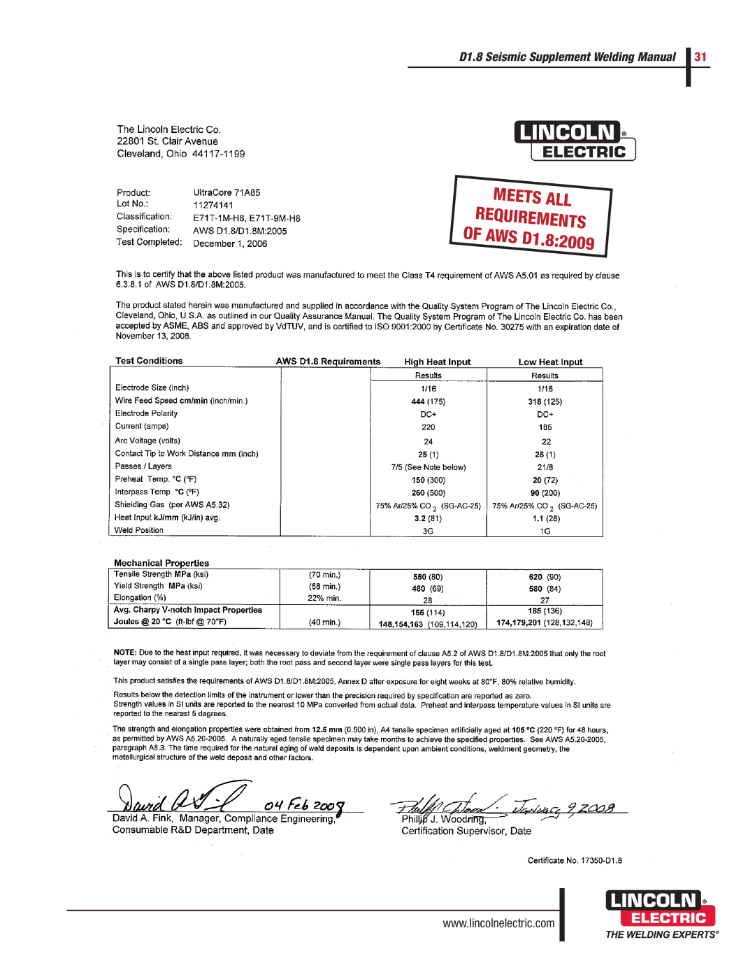 Lincoln Electric manual Meets ALL Requirements of AWS D1.82009 